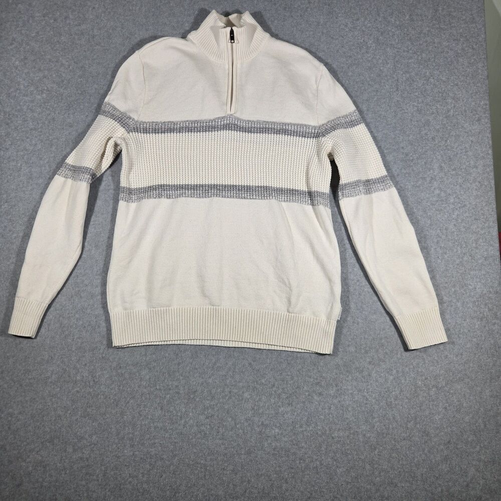 Calvin Klein Mens Large Cream Ivory Stripe 1 4 Zip Mock Neck Knit Sweater Size L